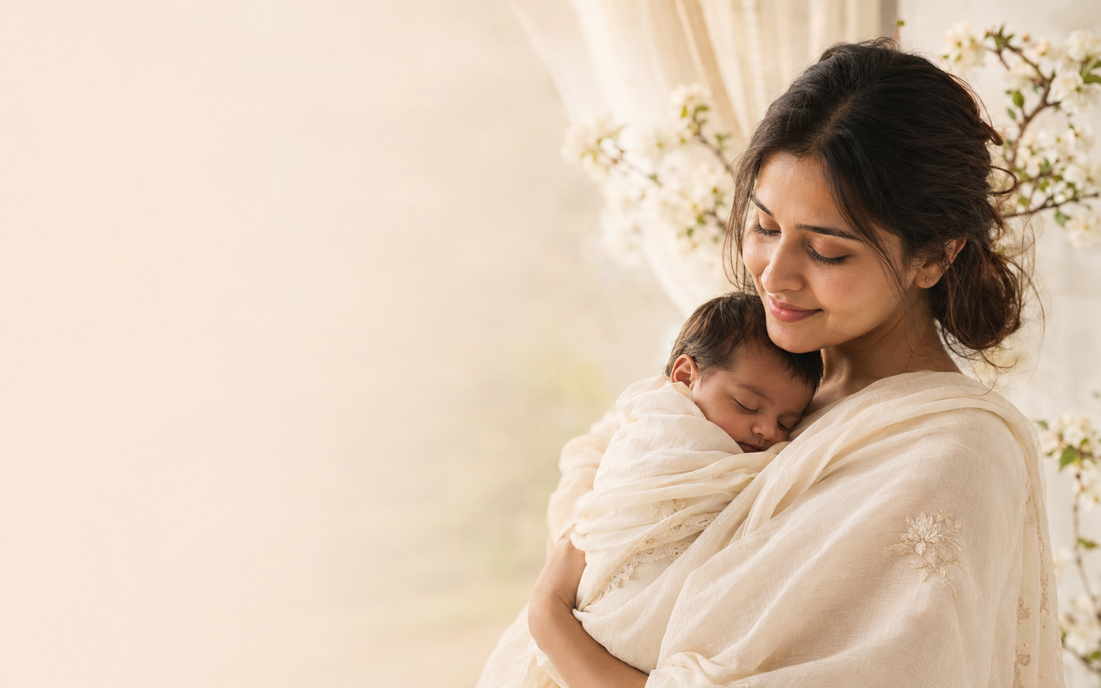 A mother holding her sleeping baby